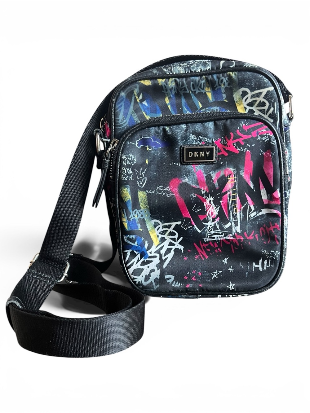 DKNY Graffiti Print Crossbody Bag Black Street Art Design Mini Messenger Purse